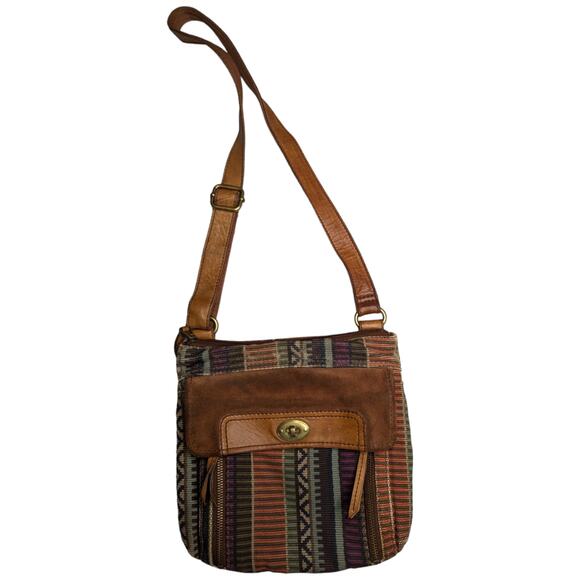 Fossil Brown Suede Colorful Baja Woven Canvas Turnlock Crossbody Swing Bag - Picture 1 of 8